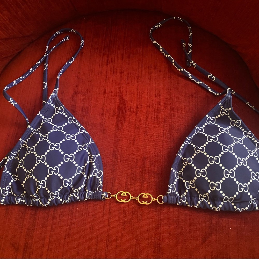 Navy White G pattern triangle bikini with gold chain S NEW